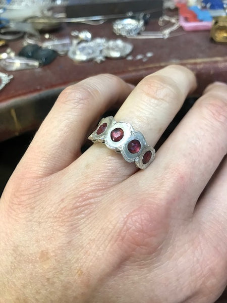 Rough 5-stone ring: rubies!
